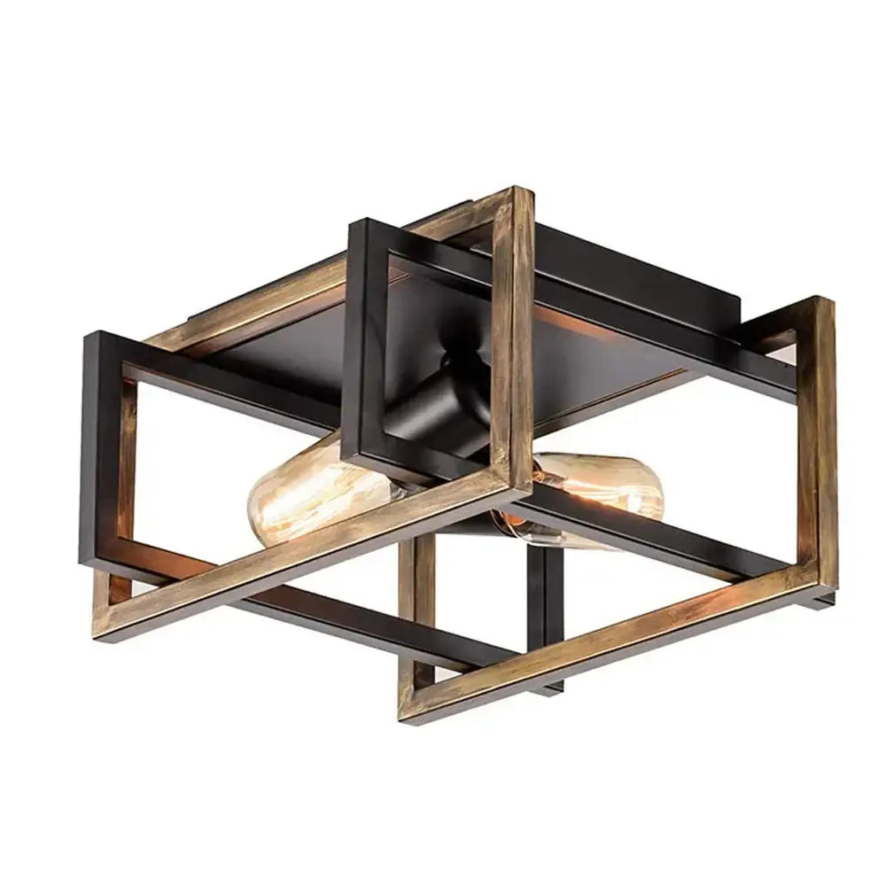 Industrial black geometric ceiling light fixture with dark matte metal and rustic wood for kitchen ceiling light
