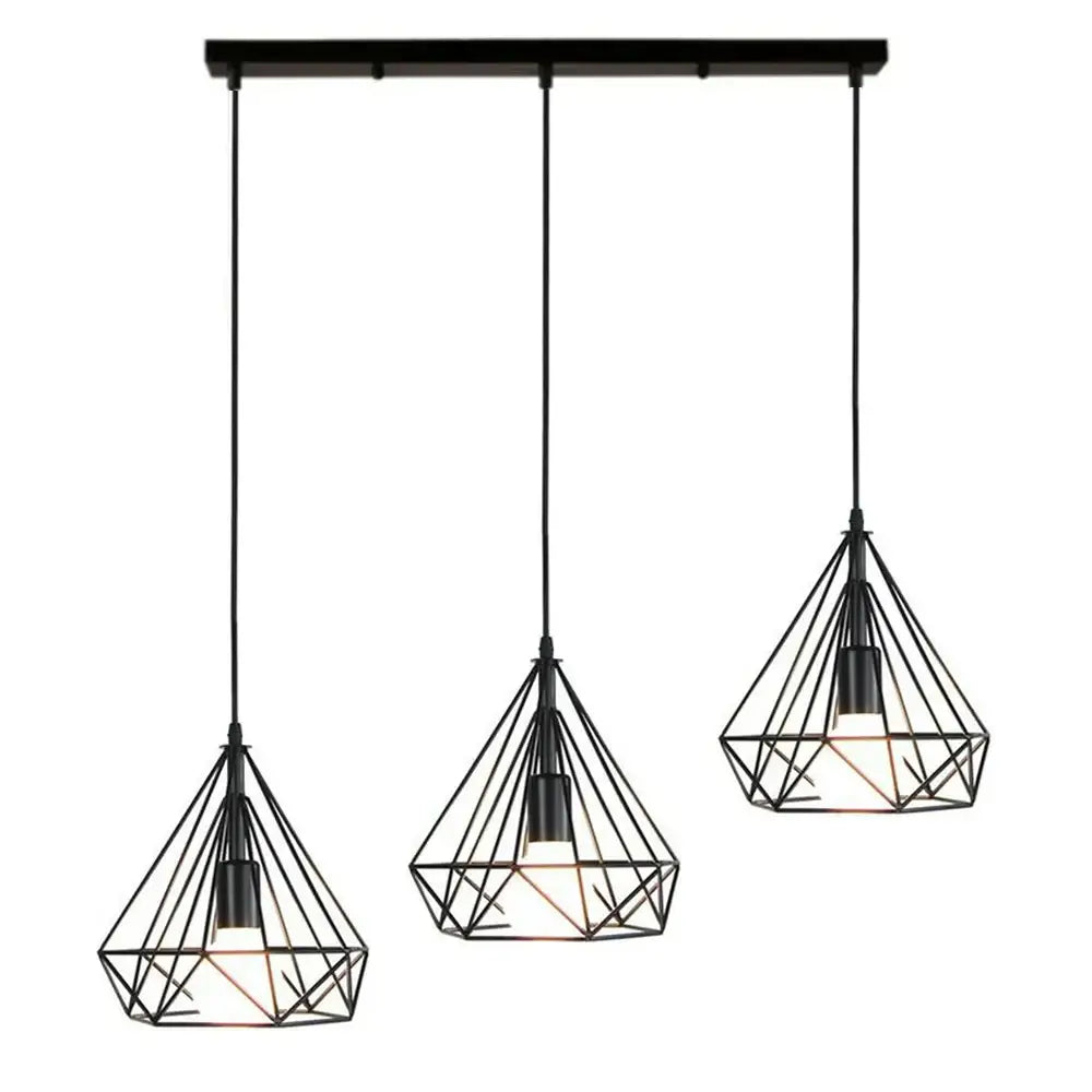 Black geometric wire pendant light with three diamond-shaped shades for dining room decorbites industrial led pendant