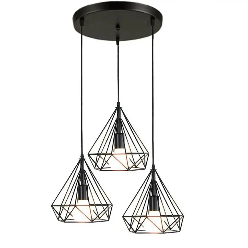 Industrial black geometric wireframe pendant light with three diamond-shaped shades for dining room decorbites industrial LED