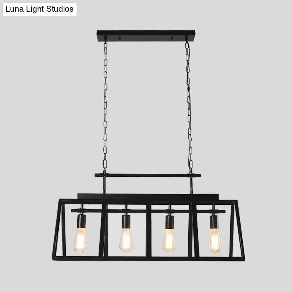 Decorbites™ rustic black metal island pendant light with triangular frame and four exposed edison bulbs for coffee shop