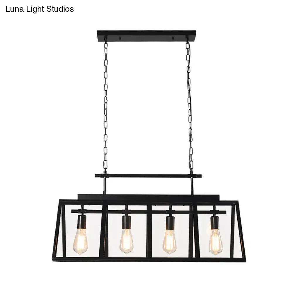 Decorbites™ black metal industrial-style island pendant light with triangular frame and four exposed edison bulbs