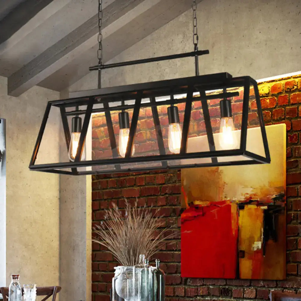 DecorBites™ rustic black metal island pendant light with clear glass panels and exposed Edison bulbs for coffee shop