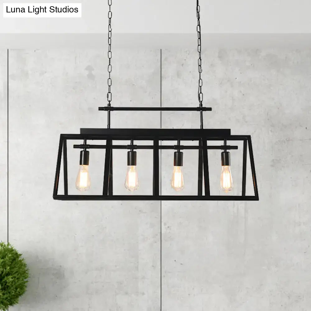 Black metal industrial-style island pendant light with four exposed Edison bulbs and triangular frame for coffee shop