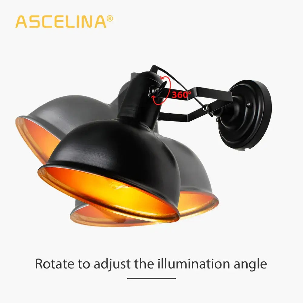 Black industrial iron vintage wall lamp with three adjustable dome shades and warm orange glow for bedroom decorbites iron vintage wall