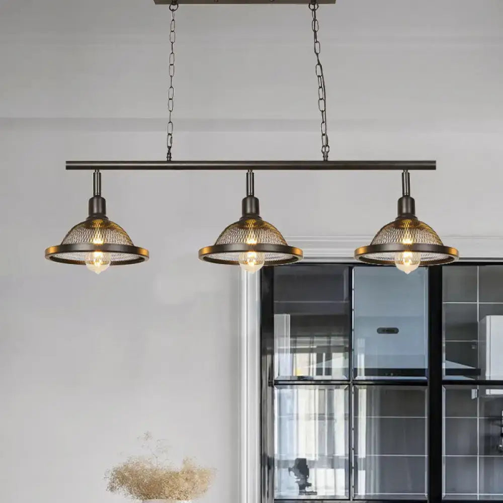 Industrial black and gold metal pendant with three lights e26 e27 for dining room featuring mesh shades and exposed bulbs