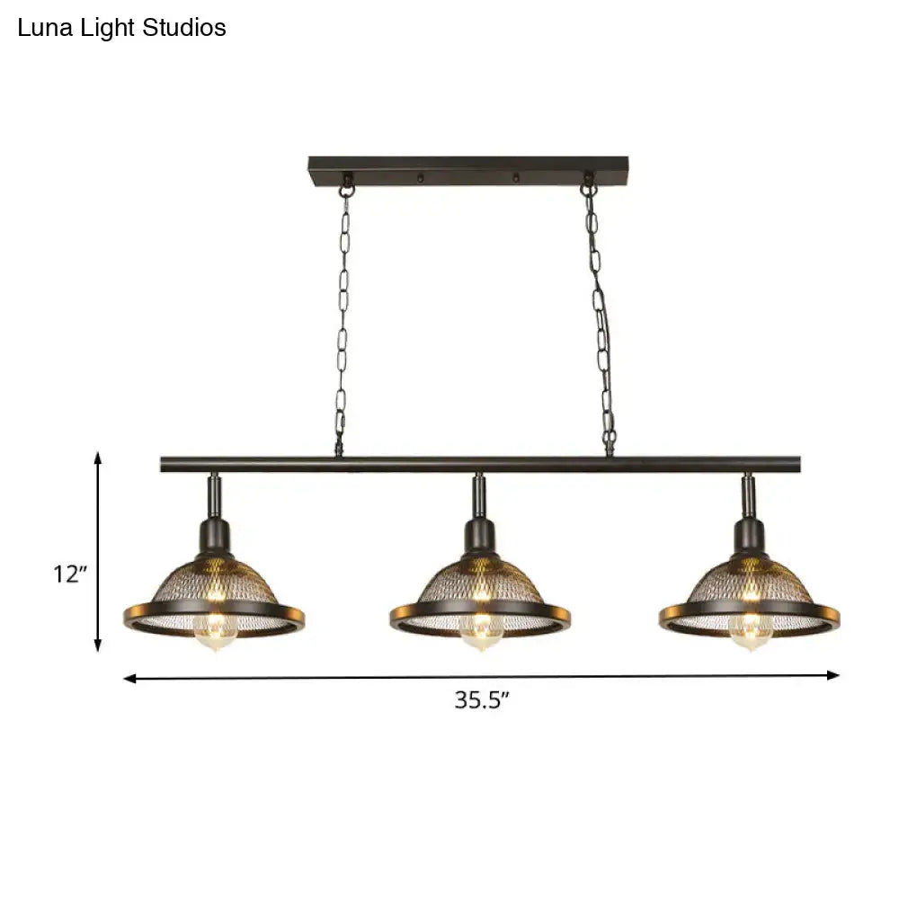 Industrial black and gold metal pendant dining room light with three exposed bulbs and mesh shades bulb base e26 e27