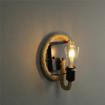 Industrial black hemp rope wall lamp with rope-wrapped design and exposed filament bulb for living room decorbites hemp rope