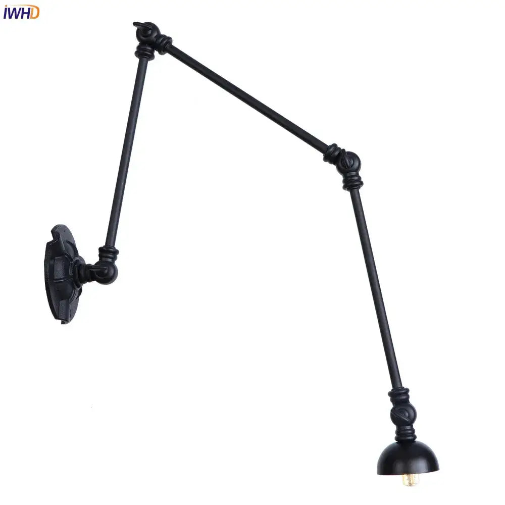 Black wrought iron industrial vintage adjustable wall sconce with ornate joints and dome shade for stair light decorbites