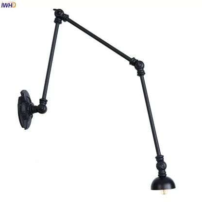 Black wrought iron industrial vintage adjustable wall sconce with ornate joints and dome shade for stair light decorbites