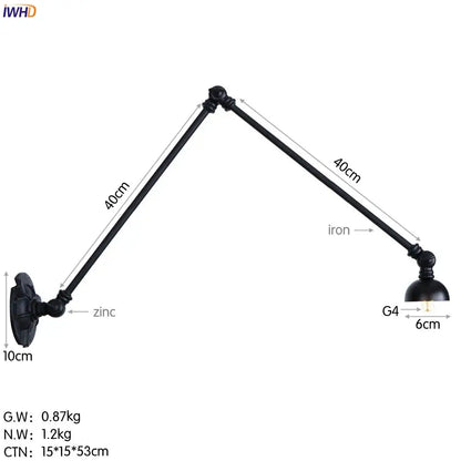 Black wrought iron industrial vintage adjustable wall sconce with zinc-finished bracket and g4 bulb holder set of 3