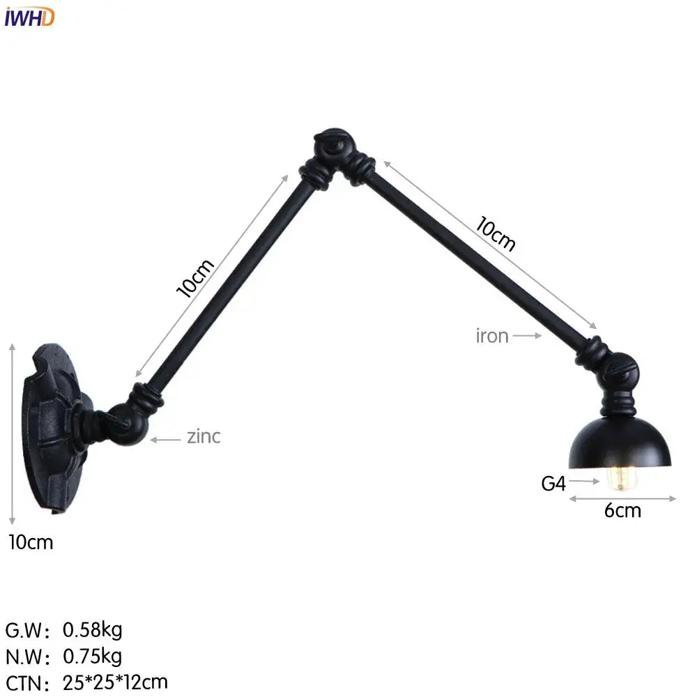 Black industrial vintage adjustable iron wall sconce with articulated arms and g4 bulb for stair lighting decorbites wall sconce