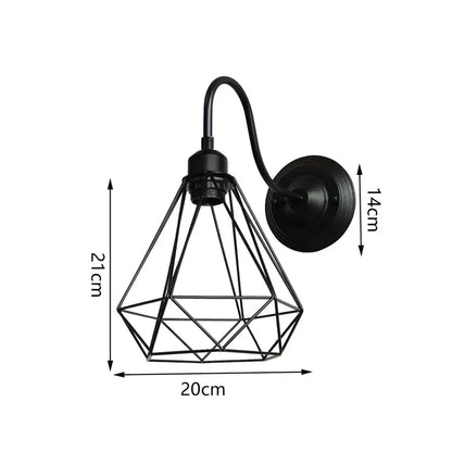 Black metal industrial iron cage wall sconce with diamond-shaped cage and curved arm for bedroom decorbites iron cage lighting
