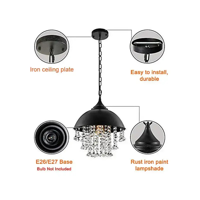 Industrial black iron crystal chandelier with dome-shaped lampshade and dangling droplets for kitchen pendant light