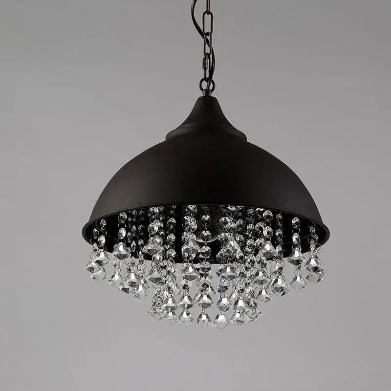 Black metal dome pendant light with dangling crystal beads featuring industrial black iron crystal design for kitchen decor