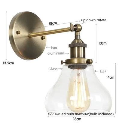 Antique brass-finished wall sconce with clear glass shade and e27 led bulb for industrial black iron led decorbites iron led wall use