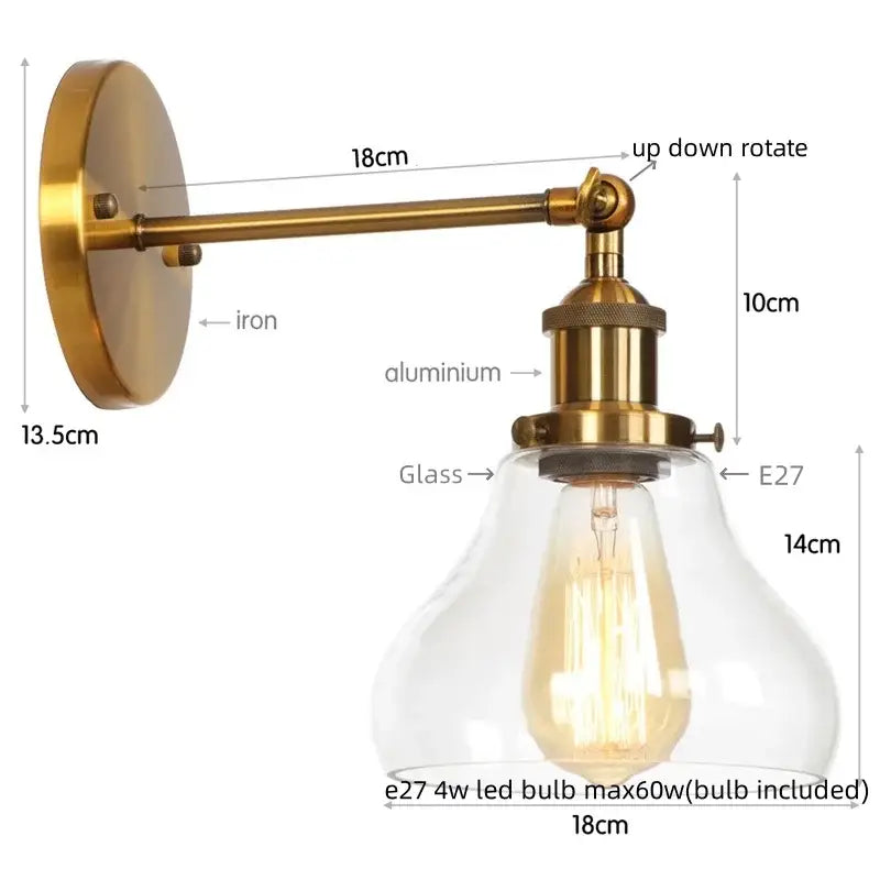 Brass-finished industrial black iron led wall sconce with clear glass shade and e27 led bulb for bedroom decorbites black iron