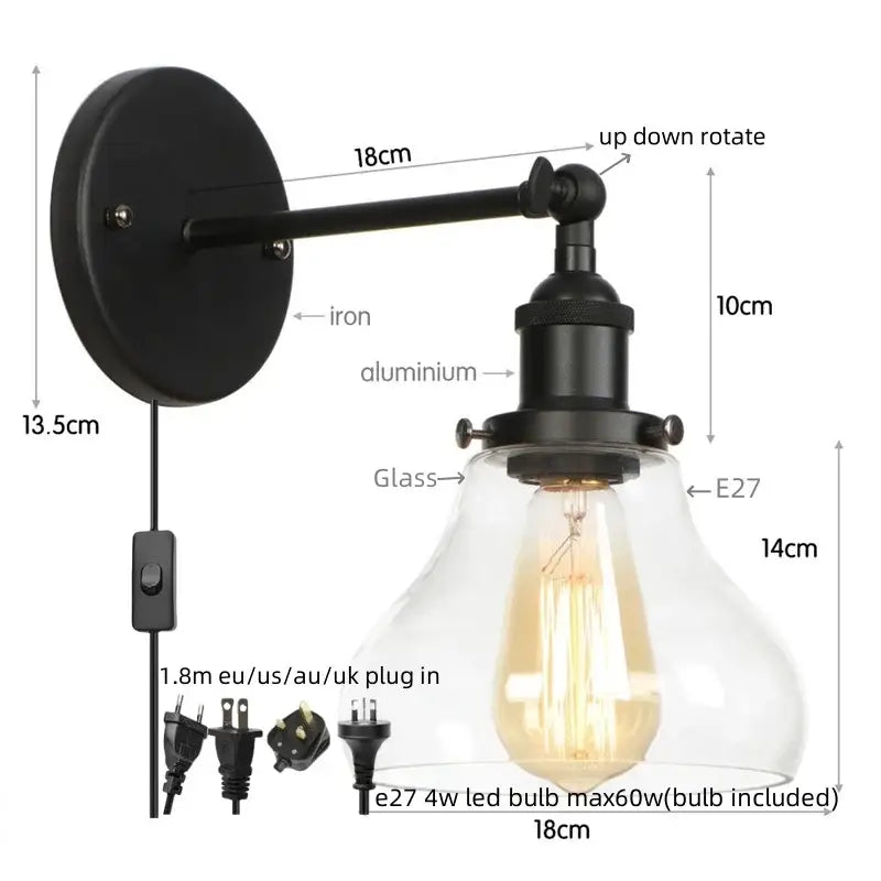 Industrial black iron led wall sconce with clear glass shade and pull chain for bedroom decorbites black iron lighting
