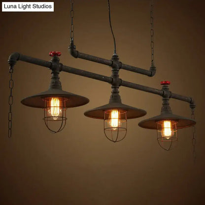 Industrial-style black iron saucer pendant lamp with three exposed filament bulbs and red valve caps for island lighting