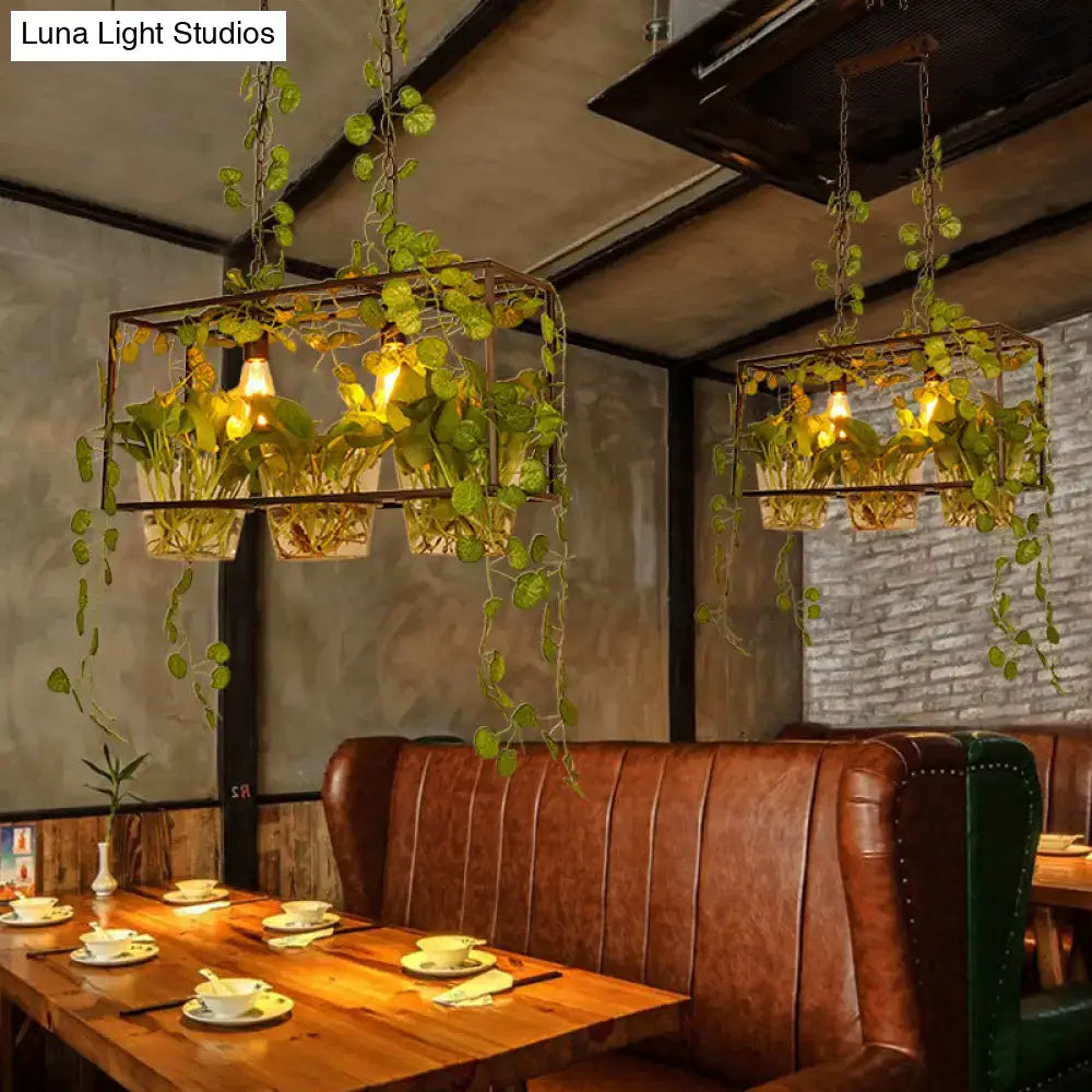 DecorBites™ iron industrial 2-head black island pendant light with metal frames, potted plant, and 220v-240v bulbs