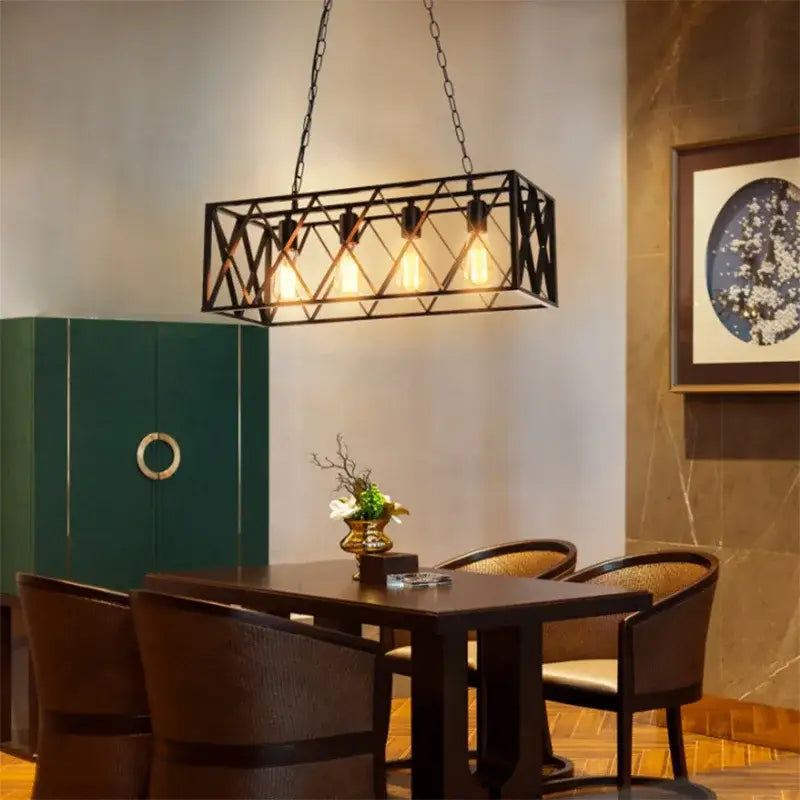 Industrial black lattice chandelier featuring a black metal rectangular frame with exposed filament bulbs for dining room decorbites industrial chandelier