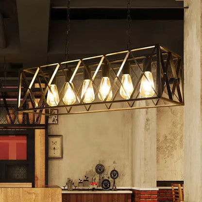 Industrial black lattice chandelier with black metal frame and five glowing Edison bulbs for dining room by decorbites industrial chandelier