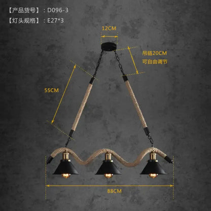 Industrial-style three-light led chandelier with black metal shades and hemp rope arms for cafe or bar use