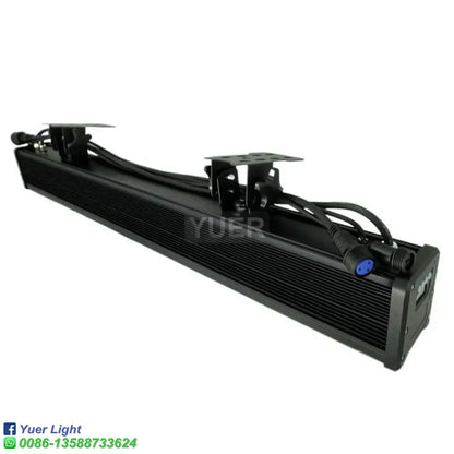 Industrial black led wall wash light bar with ribbed surface, mounting brackets, and blue connectors for stage use