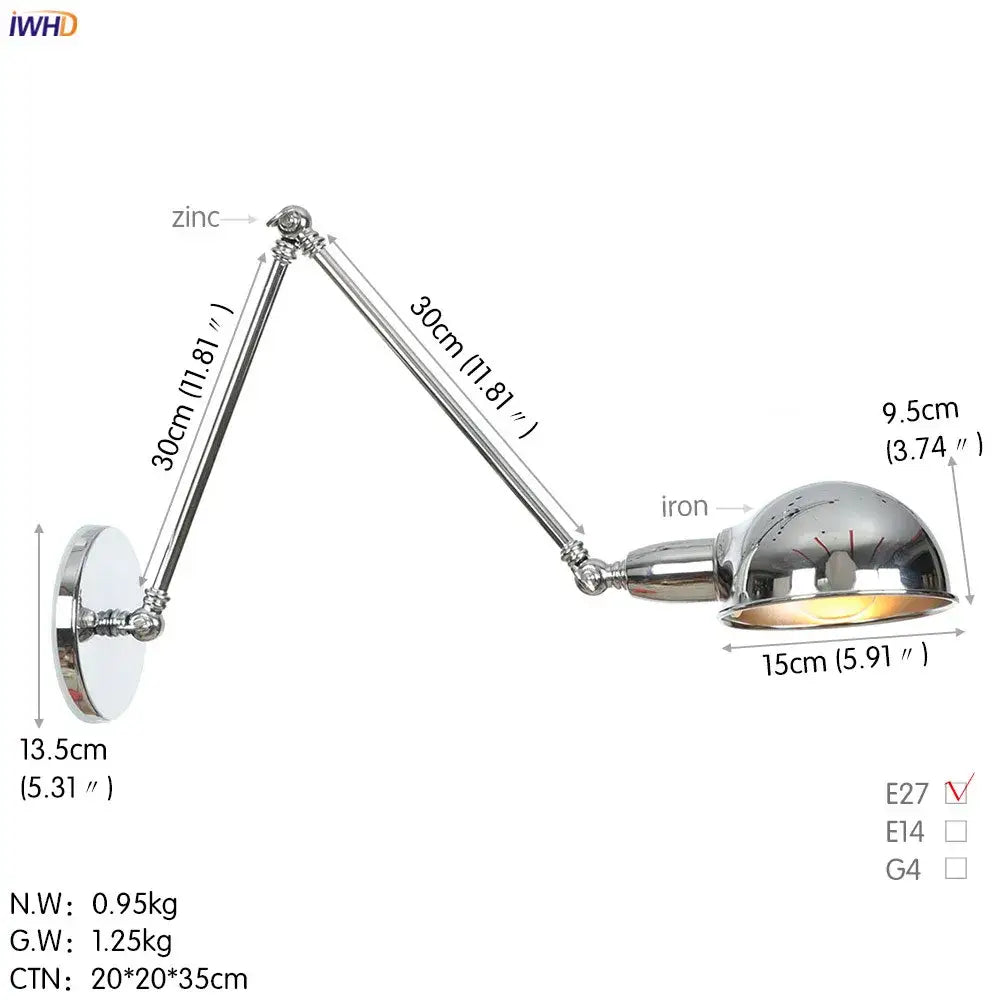 Chrome-finished adjustable wall light with articulated arms and reflective dome shade for decorbites loft antique edison style
