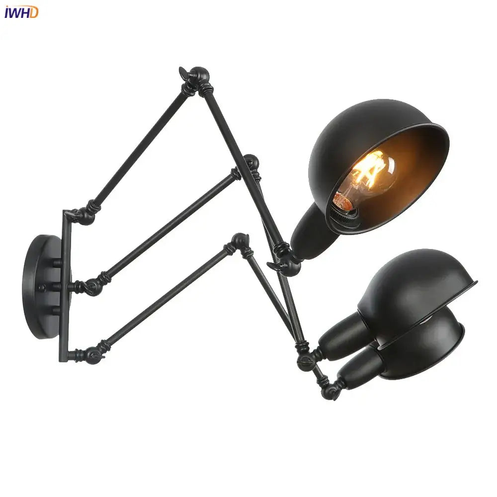 Industrial black loft antique edison wall light with black matte finish, two adjustable arms, and dome-shaped shades wall light