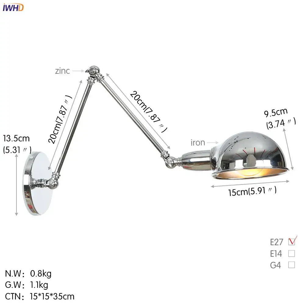 Chrome-finished adjustable wall light with articulated arms and dome shade for decorbites loft antique edison style