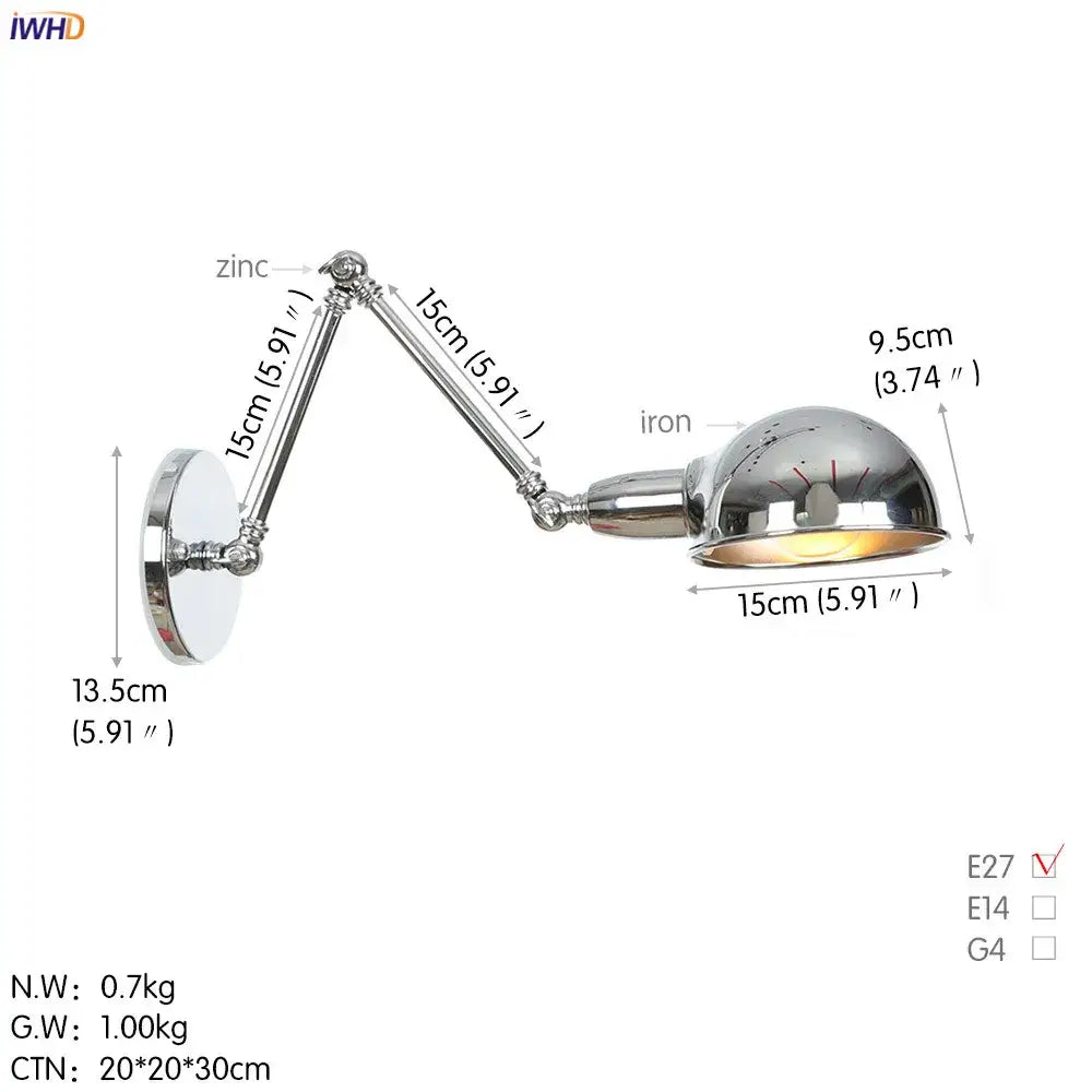 Chrome-finished adjustable wall light with articulated arms and dome shade for decorbites loft antique edison decor