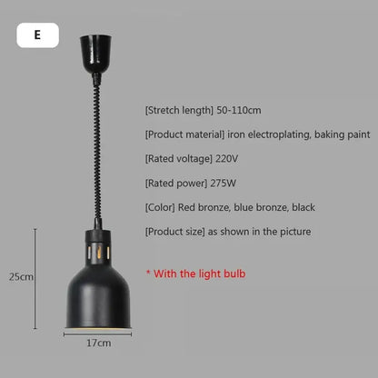 Black industrial-style matte pendant light with flexible coiled metal arm and bell-shaped shade for electric food heating