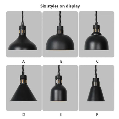Industrial black matte electric food heating pendant light with flexible cords and metallic accents for kitchen use
