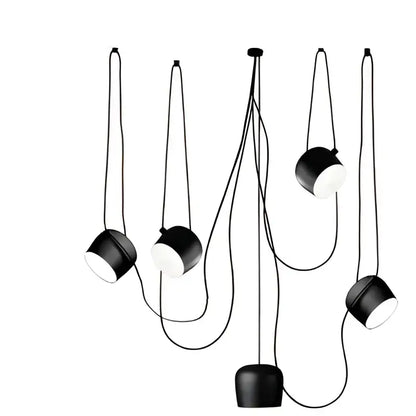 Industrial black matte spider pendant lamp with black cylindrical shades and white interiors for dining room decorbites industrial spider