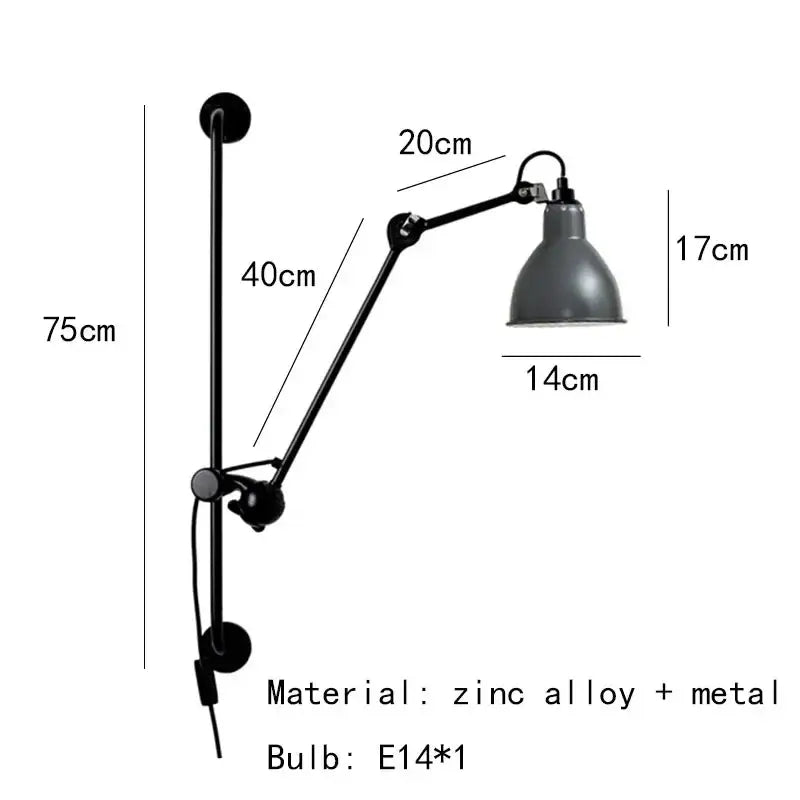 Industrial black matte wall lamp made of black zinc alloy with adjustable arms for bedroom reading decorbites gras style