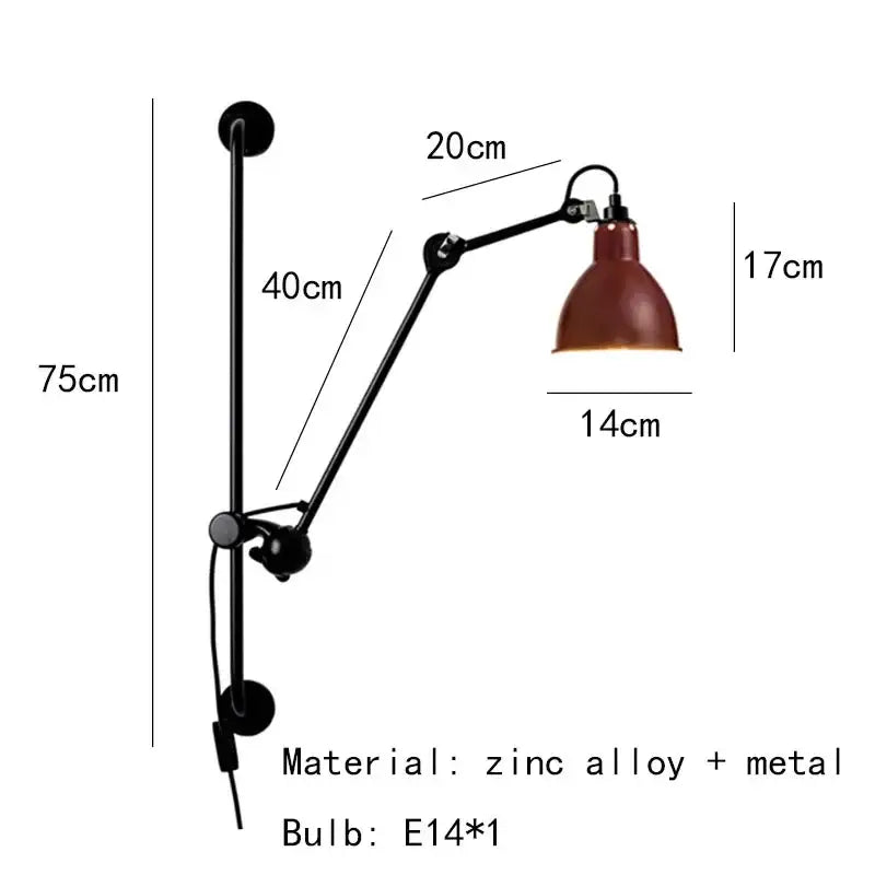 Industrial black matte wall lamp with adjustable arm and matte red bell shade ideal for bedroom reading light decorbites gras