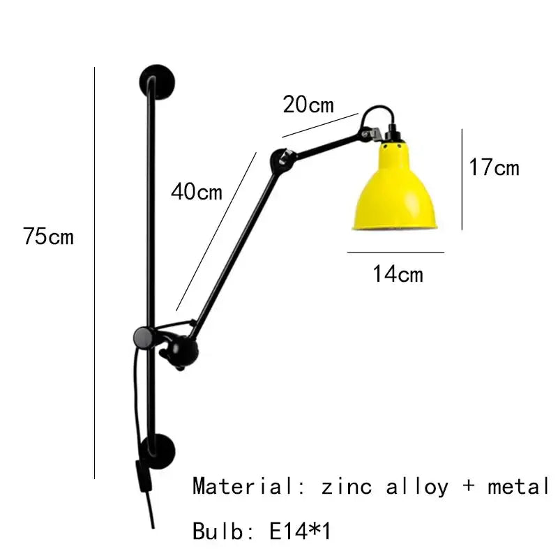 Industrial black matte wall lamp with a yellow conical lampshade on an adjustable zinc alloy articulated arm for reading light