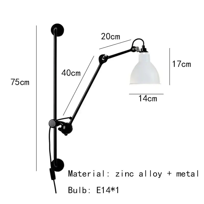Black articulated wall lamp with white bell-shaped shade industrial matte finish for adjustable bedroom reading light decorbites gras