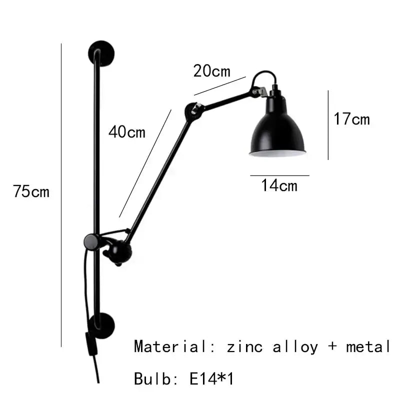 Industrial black matte wall lamp with adjustable articulated arms and classic bell-shaped shade for bedroom reading light decorbites gras