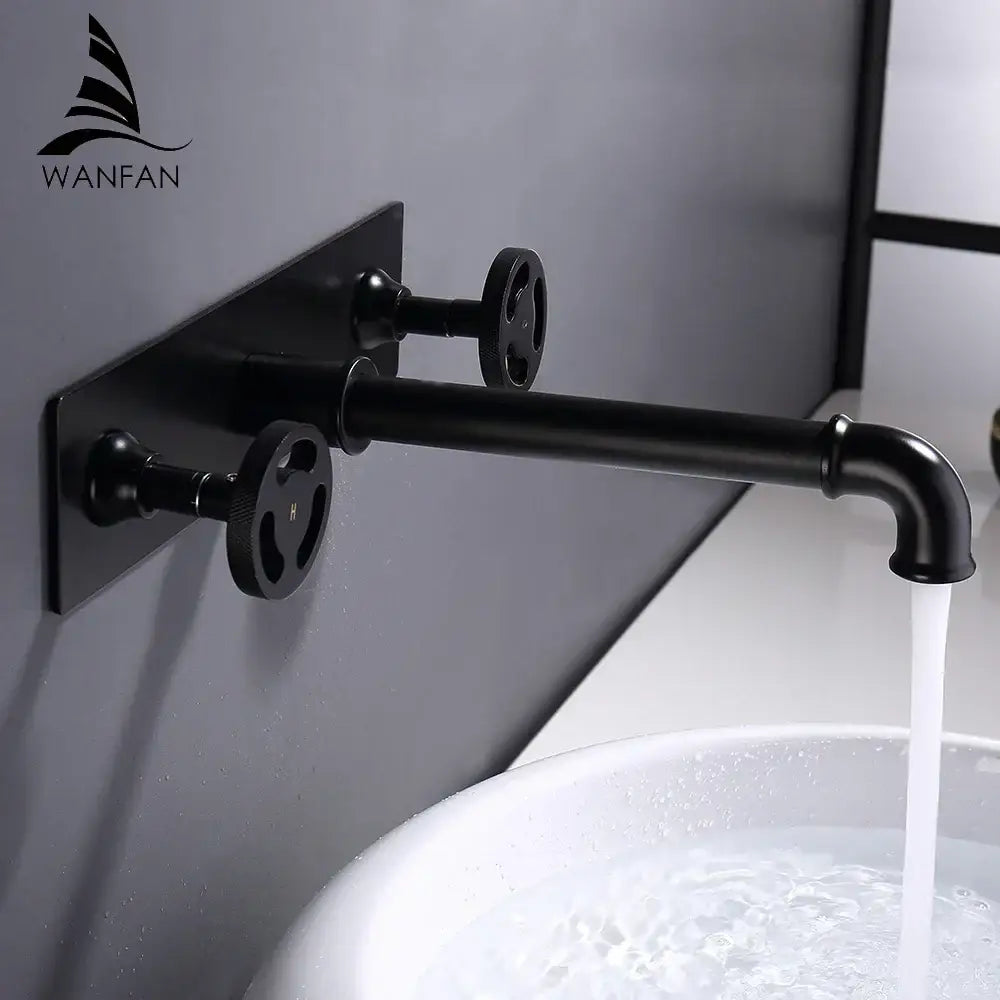 Industrial black matte wall mounted basin faucet with two ornate handwheels for bathroom decorbites black wall use