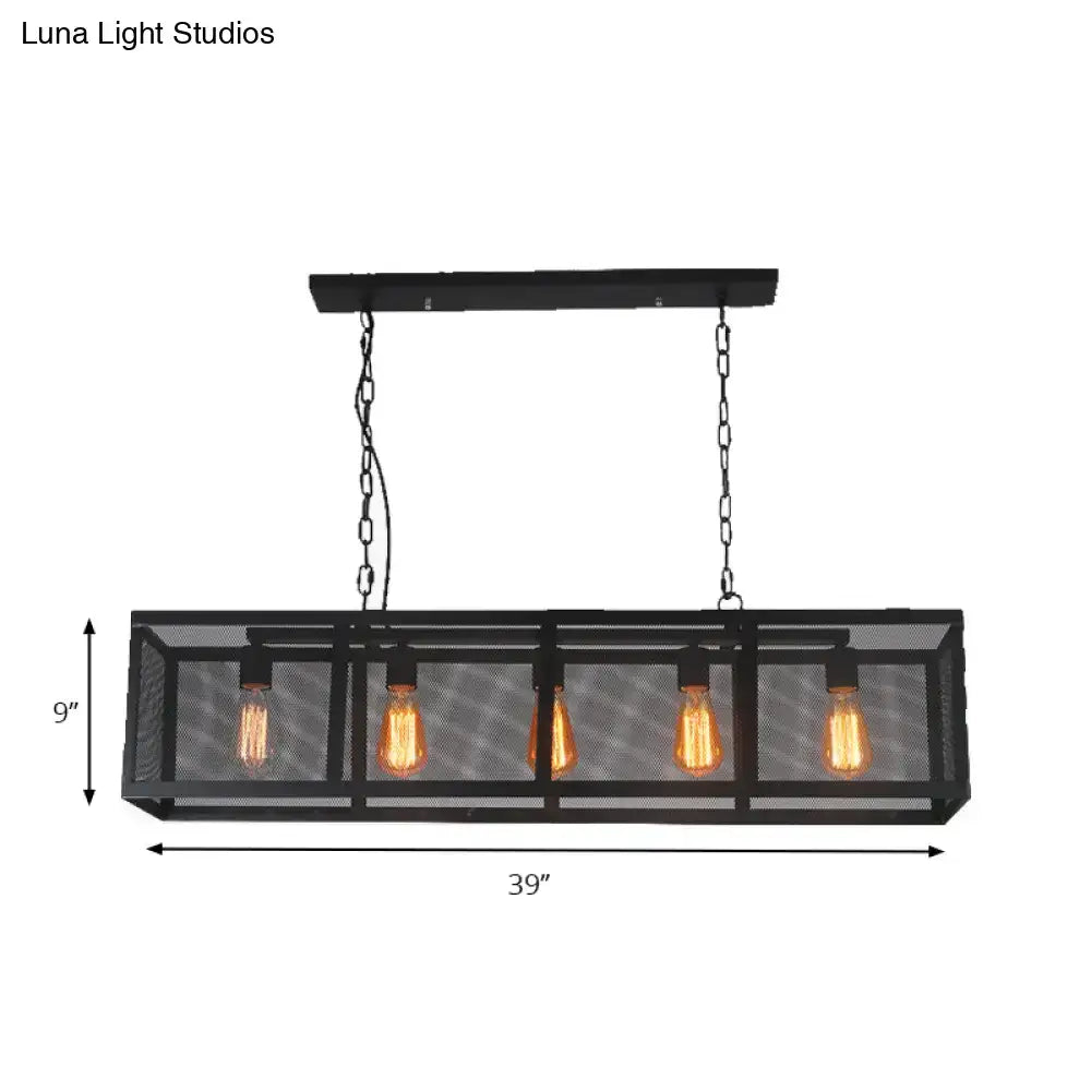 Decorbites industrial mesh shade pendant light with black metal rectangular frame and edison bulb base for dining room island