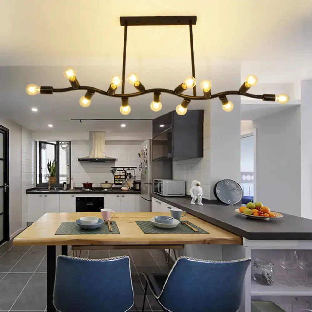 DecorBites wavy iron ceiling pendant 13-head black metal hanging light with exposed bulbs for kitchen island 220v-240v chain cord length