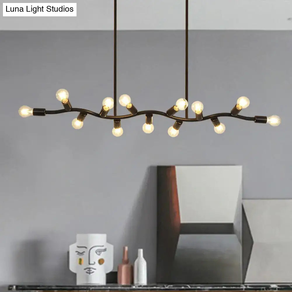 A modern black wrought iron 13-head hanging light chandelier with exposed bulbs and adjustable chain cord length for kitchen island 220v-240v 110v-120v