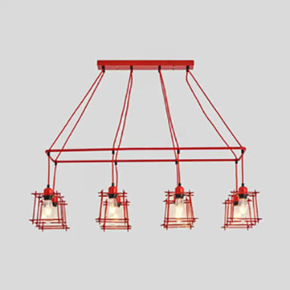 Red metal industrial style island pendant light with four hanging cage lamps suspended from rectangular frame