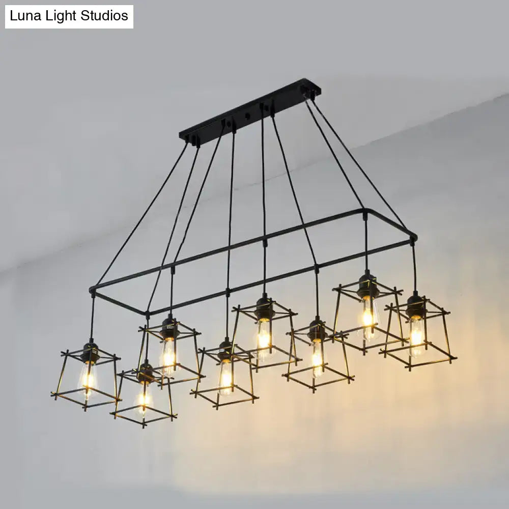 Decorbites™ industrial style black and red metal island pendant light with 8 bulbs and geometric cage shades