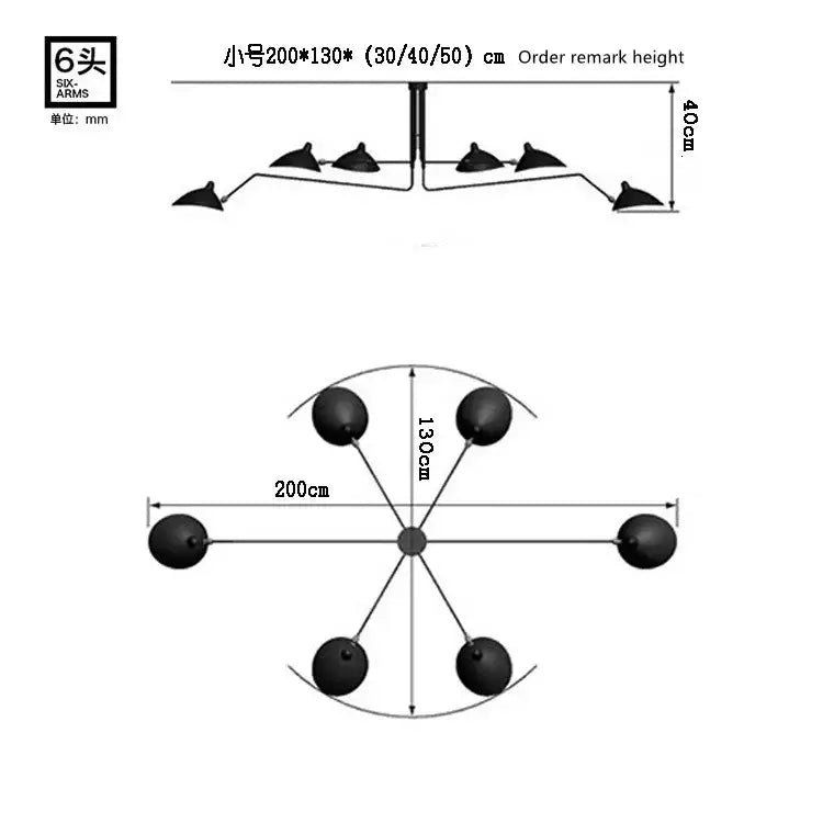 Black industrial metal six-arm ceiling floor lamp with spherical light heads and decorbites adjustable arm for living room decor