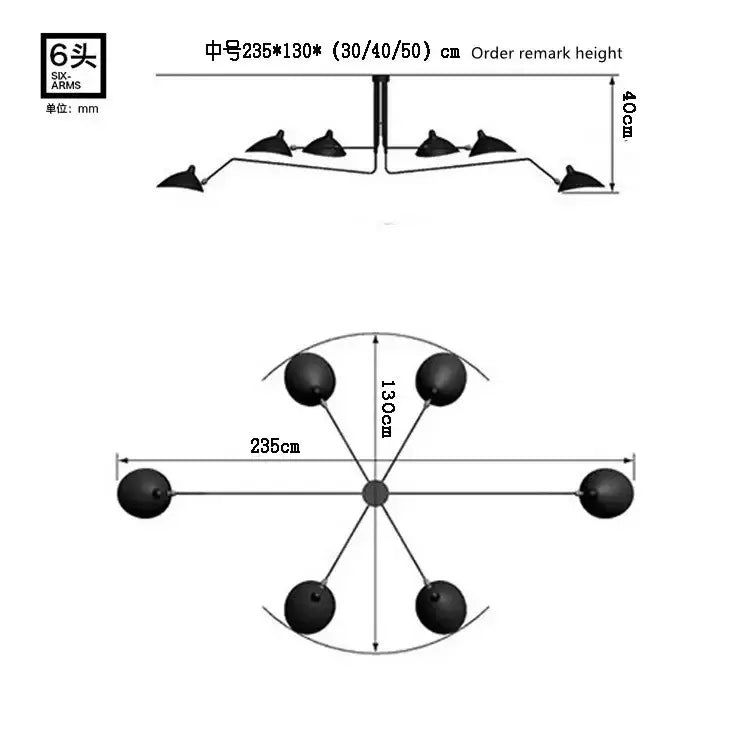 Six-arm industrial black metal ceiling fixture with adjustable arm and black spherical heads for floor lamp decorbites adjustable arm