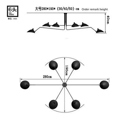 Six-armed ceiling light fixture with black spherical shades and central hub for modern decorbites adjustable arm floor lamp