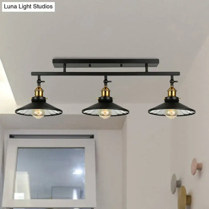 DecorBites black metal vintage industrial ceiling light fixture with brass three-light wire mesh cone shades for living room