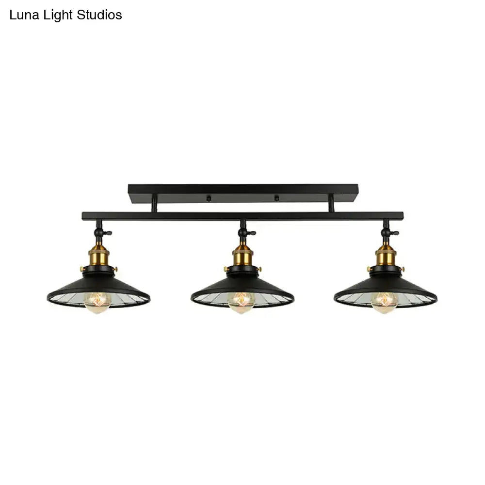 DecorBites black metal vintage ceiling light fixture with three adjustable brass pendant lights and clear cone shades